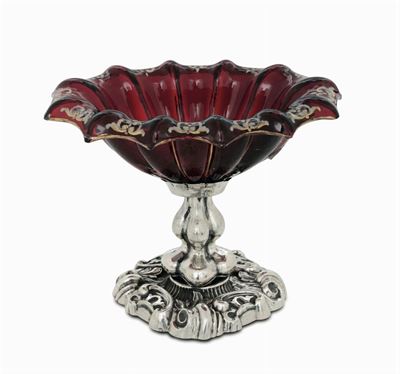 Alzata in Argento e Vetro Rubino. Impero Austroungarico XIX.XX Secolo