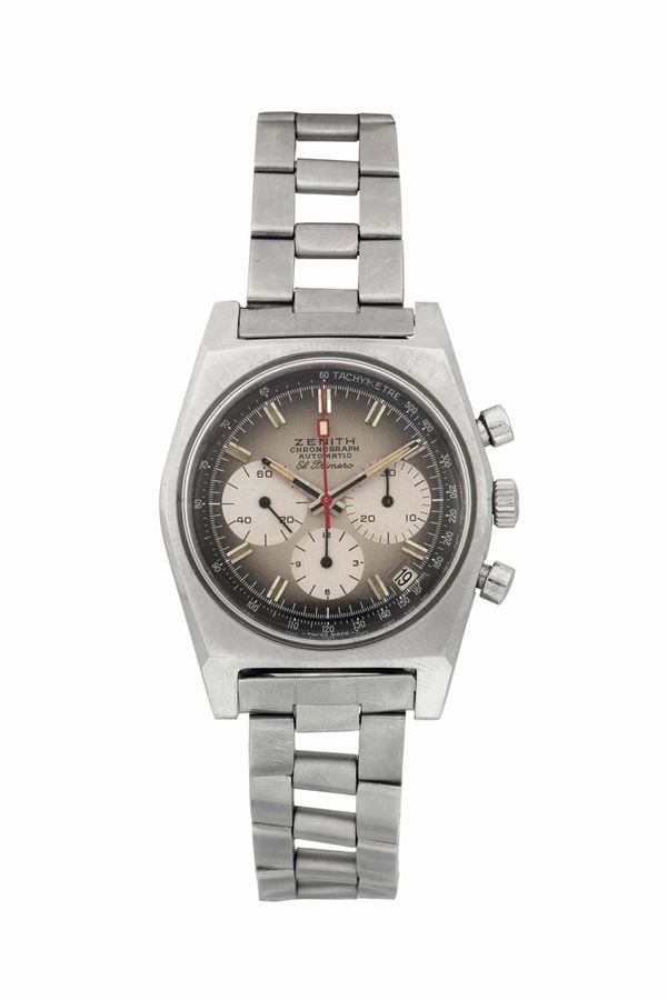 Zenith, Chronograph, Automatic, El Primero, Ref. A385.  Fine and rare, tonneau-shaped, self-winding, water-resistant stainless steel wristwatch with round button chronograph, tachometer, registers, date and an original steel Gay Freres bracelet  with Zenith deployant clasp. Made circa 1971. Acompanied by the original box