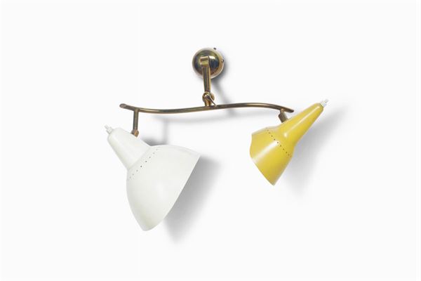 Lumen, an applique with a brass structure and lacquered aluminum diffusers. Lumen Italy, 1950 ca.