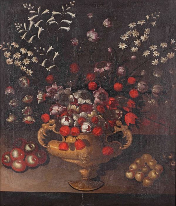 Scuola del XVII secolo Nature morte con vaso di fiori e frutta