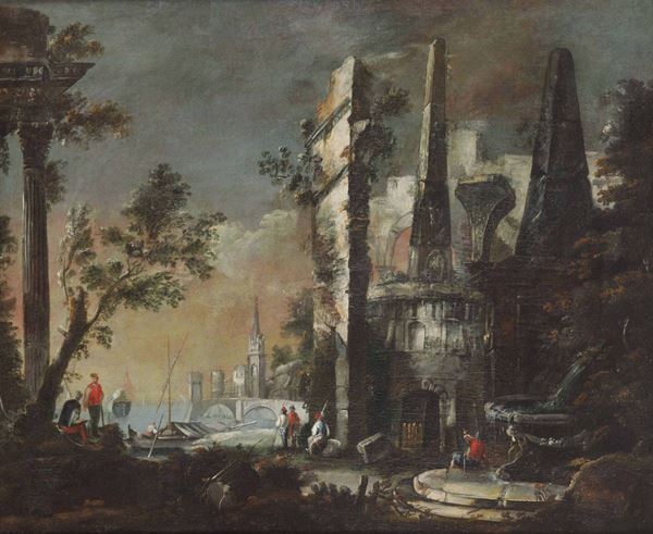 Matteo Stom (Venezia 1643-1702) Paesaggio con capriccio architettonico