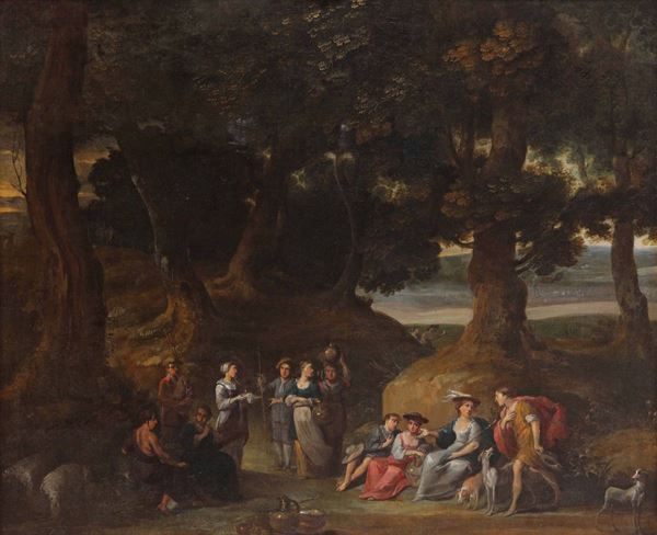 Frans Wouters (1614-1659), attribuito a Paesaggio con viandanti