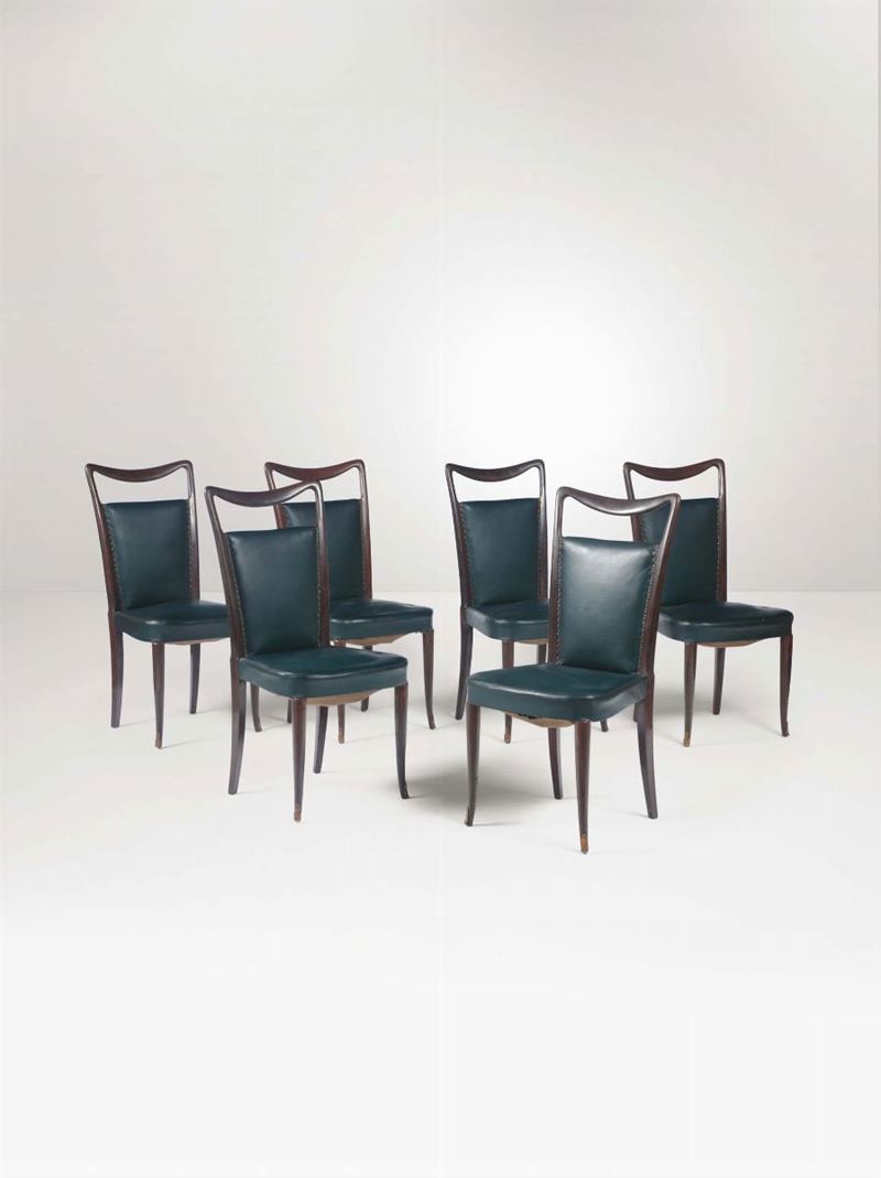 Sei sedie con struttura in legno e rivestimenti in skai.  - Auction Design II - II - Cambi Casa d'Aste