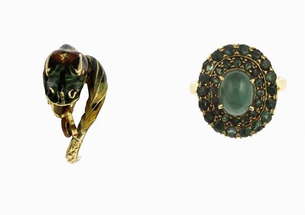 Two gold, enamel and emerald rings
