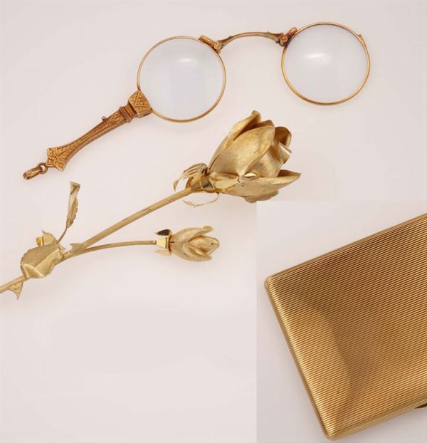 Gold rose, glasses and box