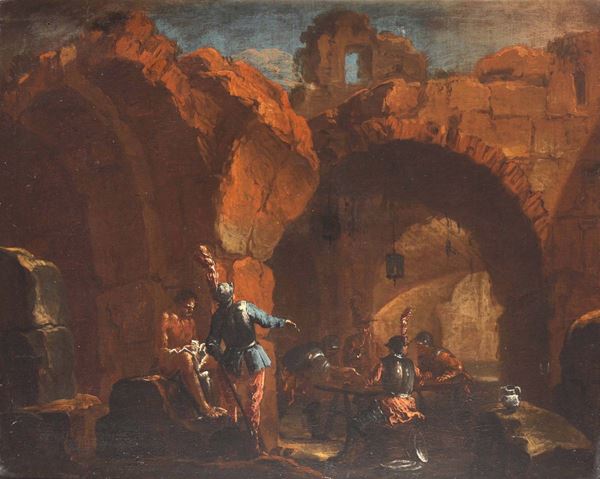 Scuola romana del XVII-XVIII secolo Scena di ruderi con soldati
