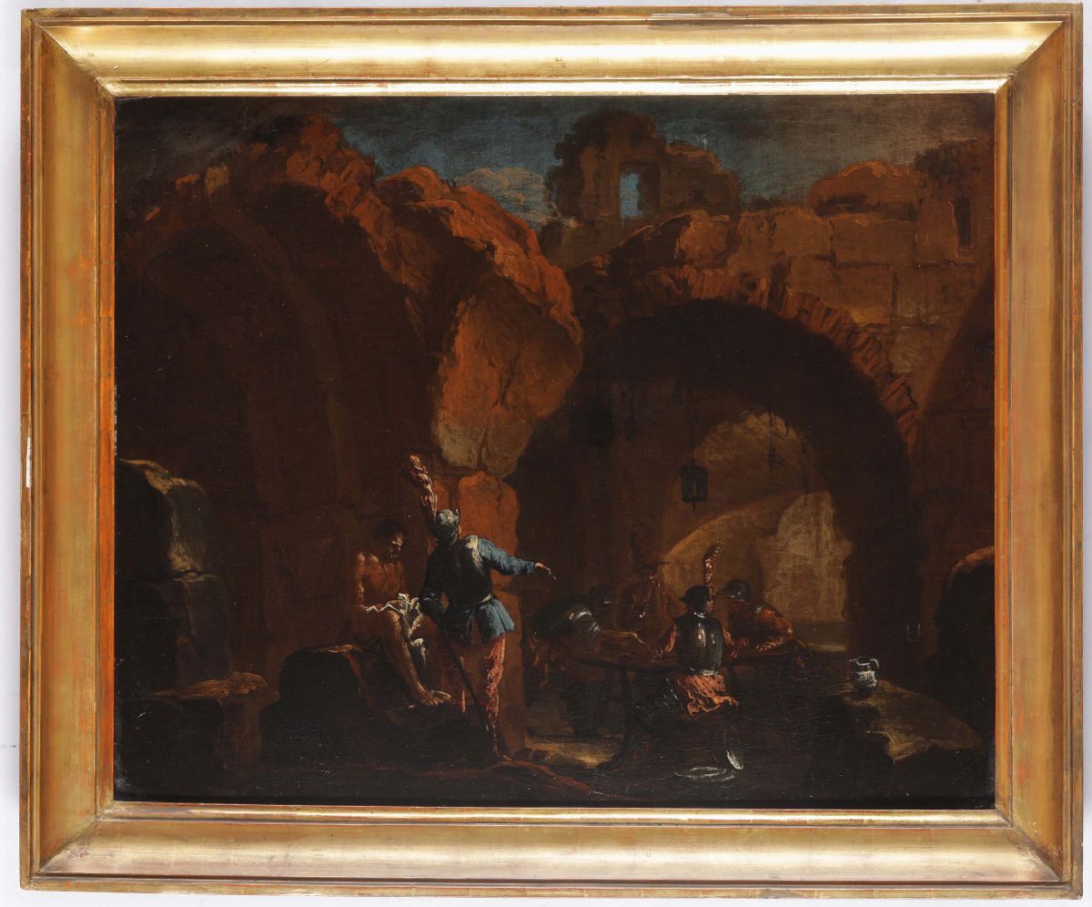 Scuola Romana del XVII-XVIII Secoloscena di Ruderi con Soldati