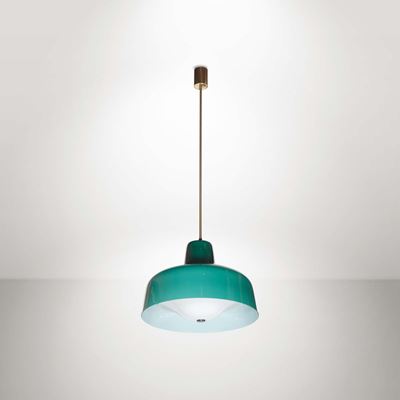 Lampada a Sospensione con Struttura in Ottone e Diffusore in Vetro Incamiciato e Vetro Pressato.