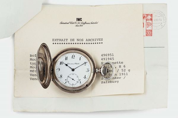 IWC, International Watch Co, movement No. 491945, case No. 496951. Fine, silver hunting case pocket watch with silver chain. Accompanied by the original Extract with date of sale, 1911