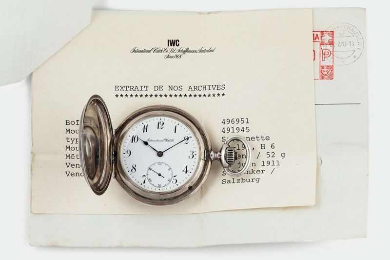 IWC, International Watch Co, movement No. 491945, case No. 496951. Fine, silver hunting case pocket watch with silver chain. Accompanied by the original Extract with date of sale, 1911  - Auction Watches and Pocket Watches - Cambi Casa d'Aste