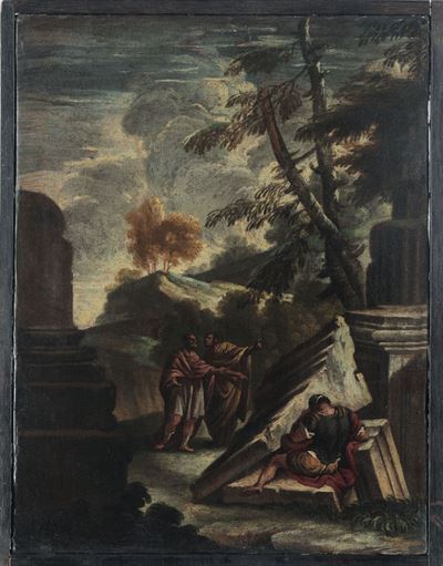 Scuola Romana della Fine del XVII Secolopaesaggio con Rovine e Figure