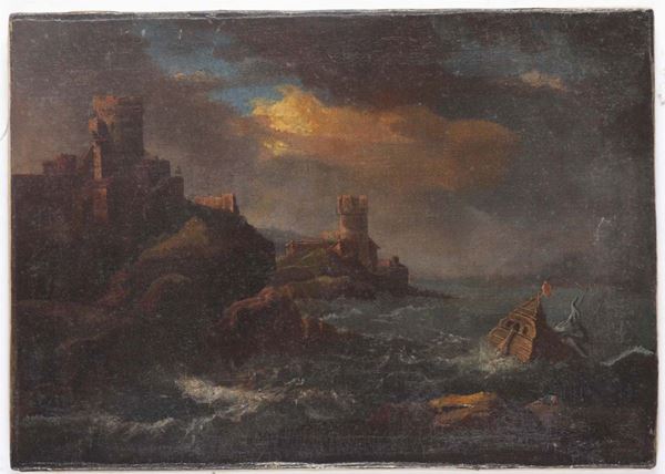 Scuola olandese del XVII secolo Mare in tempesta con naufragio