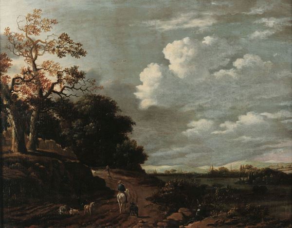Scuola Olandese del XVII secolo Paesaggio con contadini e pastori