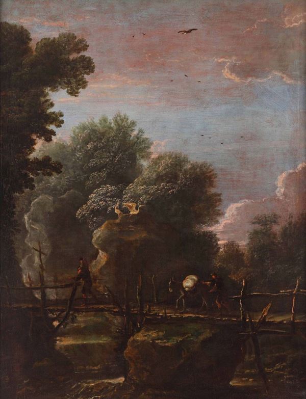 Scuola italiana del XVIII secolo Paesaggio con viandanti su un ponte