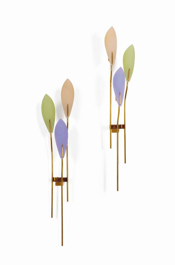 Max Ingrand, a pair of appliques with a brass structure, marble base and coloured, curved and satinated glass diffusers. Fontana Arte Prod., Italy, 1955