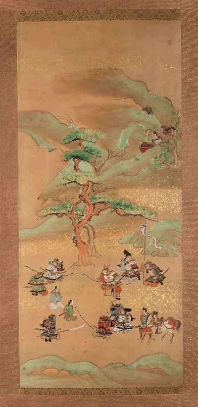 Dipinto su Carta Raffigurante Scena di Battaglia, Giappone, Epoca Edo, Fine XVII Secolocm 191x64