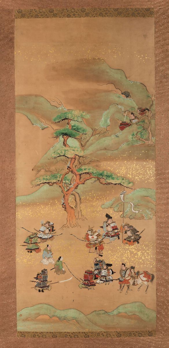 Dipinto su carta raffigurante scena di battaglia, Giappone, epoca Edo, fine XVII secolo cm 191x64  - Asta Fine Chinese Works of Art - I - Cambi Casa d'Aste