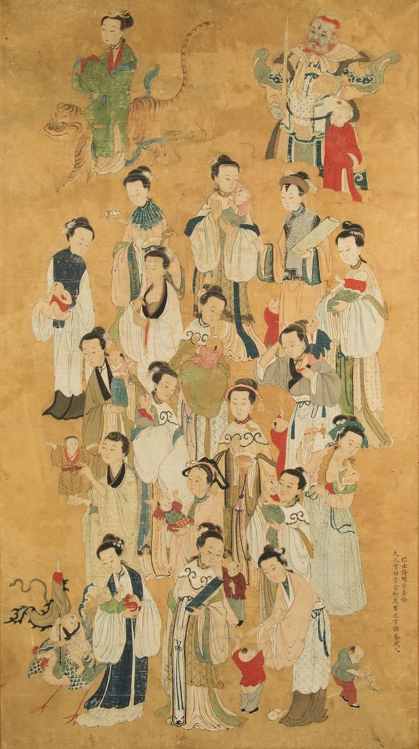 Dipinto su carta raffigurante la celebrazione dello spirito di cura dei bambini da parte della Signora della torre e del marito, Cina, Dinastia Qing, XIX secolo
