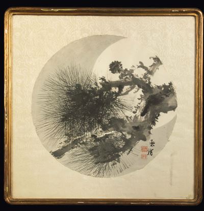 Dipinto su Carta, Sumi-e-pino su Sfondo di Luna, Firmato Imao Keishun, Giappone, XX Secolo