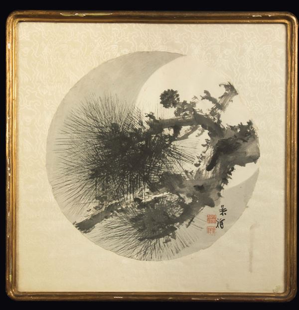 Dipinto su carta, Sumi-e-Pino su sfondo di luna, firmato Imao Keishun, Giappone, XX secolo