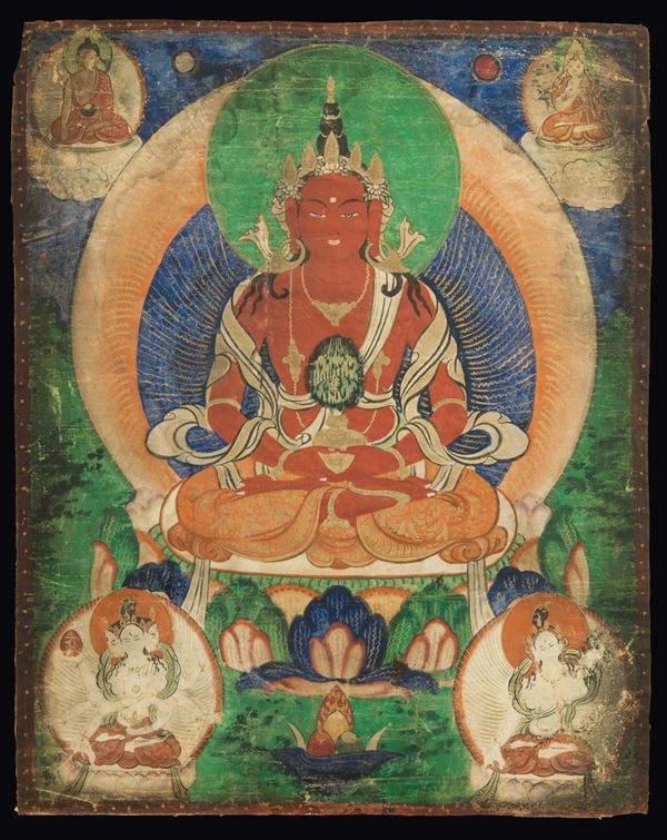A green and blue backdrop Tanka with five deities and a central figure of Amitayus, Tibet, 19th century