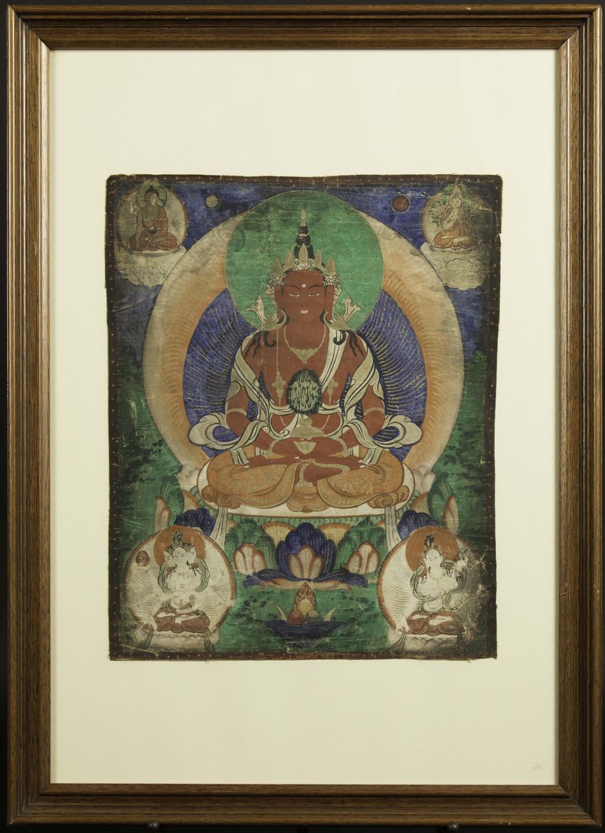 Tanka a Fondo Verde e Blu a Cinque Divinità con Figura di Amitayus Centrale, Tibet, XIX Secolo