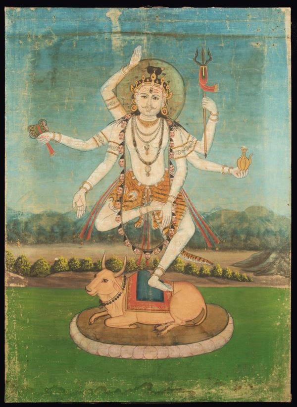 A painting tempera on canvas depicting Shiva on Nandi, Nepal, 19th  century