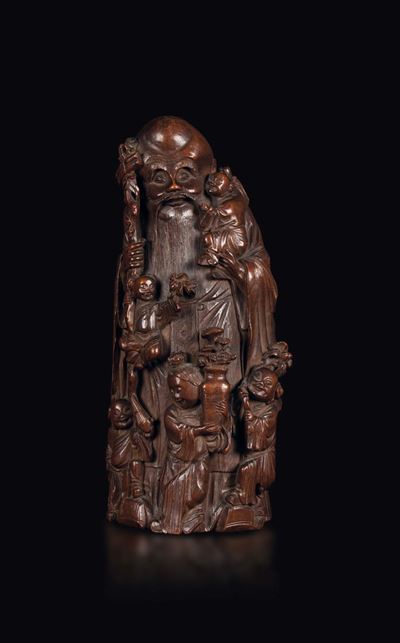 Figura di Shoulao con Fanciulli in Legno di Bamboo, Cina, Dinastia Qing, XIX Secolo