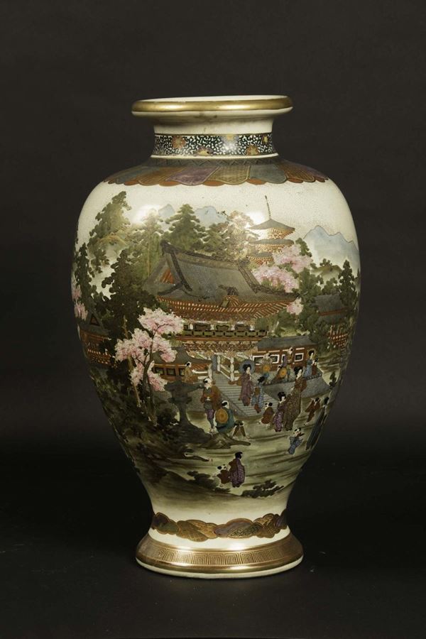 A Satsuma earthenware vase depicting pagodas and figures, Japan, Meiji period, late 19th century