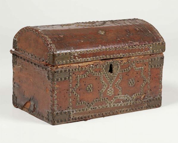 A leather-lined wooden chest, 18th century
