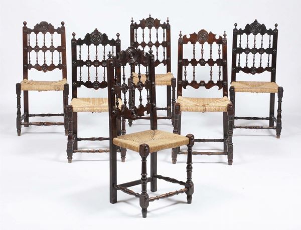 Sei sedie da balia in legno tornito, XIX secolo