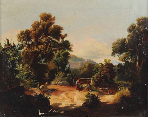 A landscape with figures, painter from the 19th century, oil on canvas Paesaggio con figure