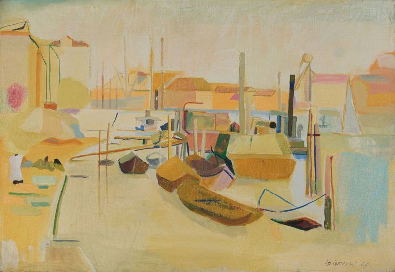 Fulvio Bianconi (1915-1996) Venezia, paesaggio con barche  - Asta I Bianconi di Bianconi - Cambi Casa d'Aste