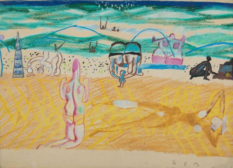 Fulvio Bianconi (1915-1996) Spiaggia con bagnanti  - Asta I Bianconi di Bianconi - Cambi Casa d'Aste