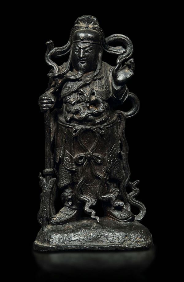 A bronze figure of Guandi standing and holding a spear, China, Ming Dynasty, 17th century