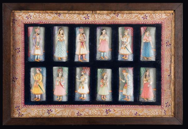Serie di dodici miniature a tempera su avorio raffiguranti imperatori Mogul con mogli entro cornice, India, XIX secolo