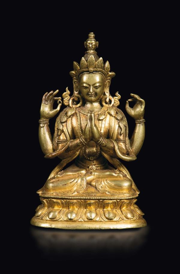 Figura di Amitaya in bronzo dorato seduta su doppio fiore di loto, Cina, Dinastia Qing, epoca Qianlong (1736-1796)