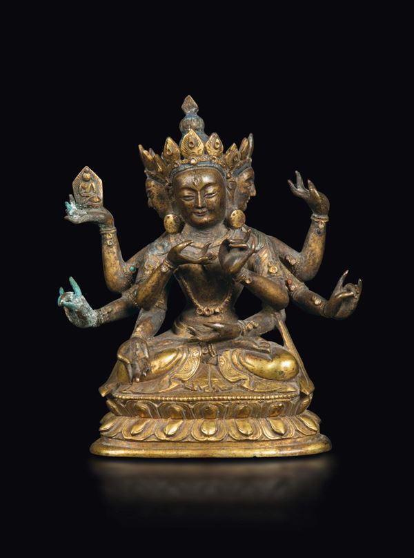 A gilt bronze figure of Amitaya seated on a double lotus flower, China, Qing Dynasty, Qianlong period (1736-1796)
