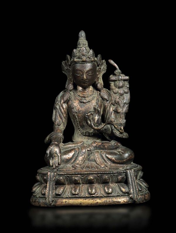 A bronze figure of Amitayus seated on a double lotus flower, China, Qing Dynasty, Qianlong period (1736-1796)