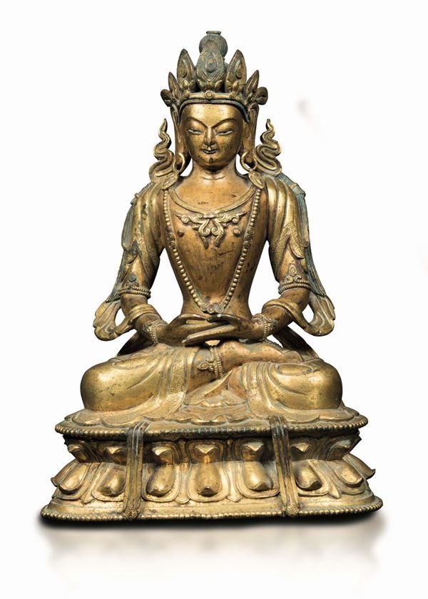 Figura di Amitayus seduto su doppio fiore di loto in bronzo dorato, Cina, Dinastia Qing, epoca Qianlong  [..]