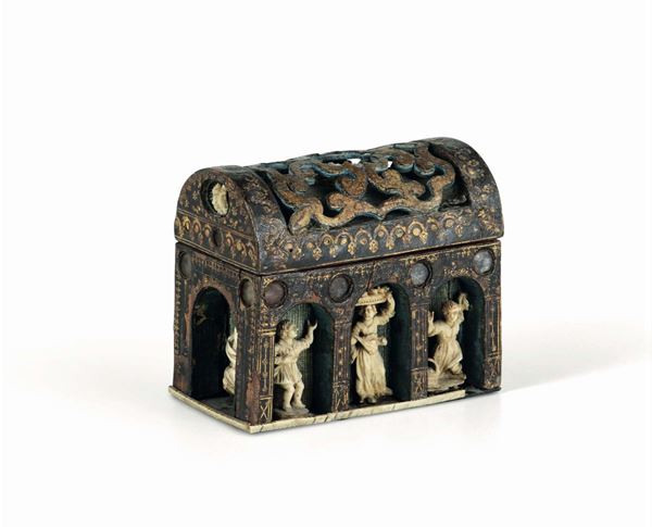 A chest depicting the Nativity in perforated wood, painted and gilded paper, carved ivory. Trapani, Sicily, 18th century