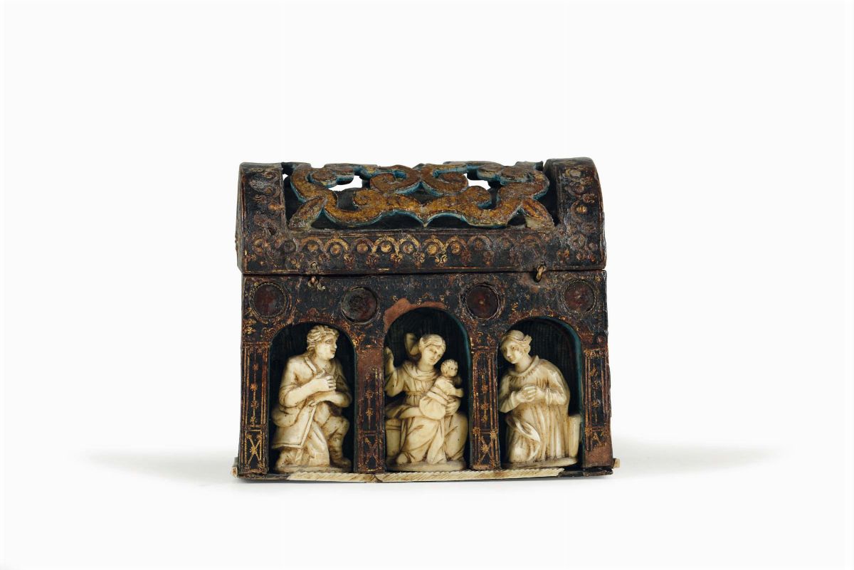 Cofanetto con Raffigurazione della Natività in Legno Traforato, Carta Dipinta e Dorata, Avorio Sc...