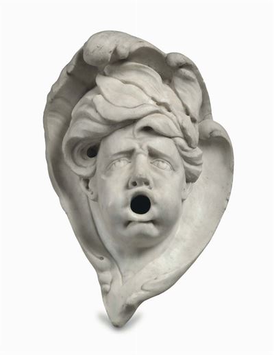 Mascherone da Fontana in Marmo Bianco. Arte Barocca Genovese della Seconda Metà del XVII Secolo (...