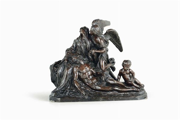 A Pietà in molten, chiselled and coated. Baroque art from the first half of the 18th century. Tuscan founder close to Massimiliano Soldani Benzi