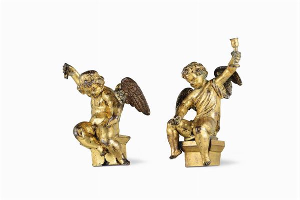 Due putti in bronzo fuso, cesellato e dorato. Roma fine del XVI inizi del XVII secolo. Ambito di Jacob Cornelisz Cobaert (Fiandre 1535 - Roma 1615)