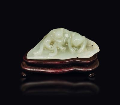 Gruppo in Giada Bianca Scolpita con Raffigurazioni di Gatti, Cina, Dinastia Qing, XIX Secolo
