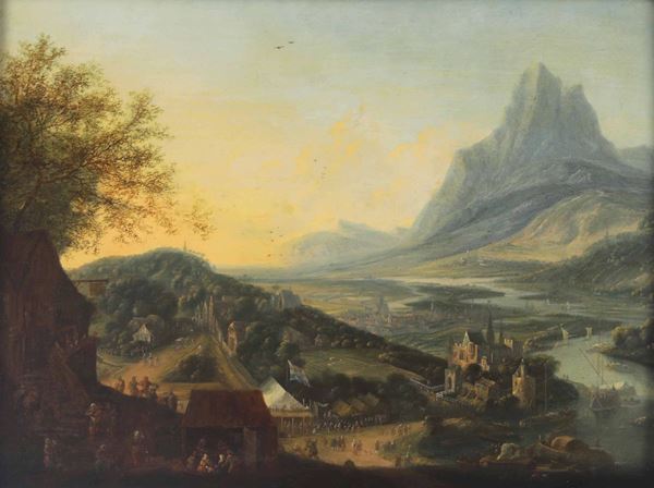 Jan Griffier (Amsterdam 1645/1652- Londra 1718) Paesaggio fluviale con figure