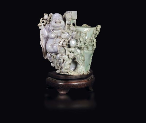 A large jadeite brush holder with green and lavander hues, with a Budai and bamboo canes, China, Republic period, 20th century