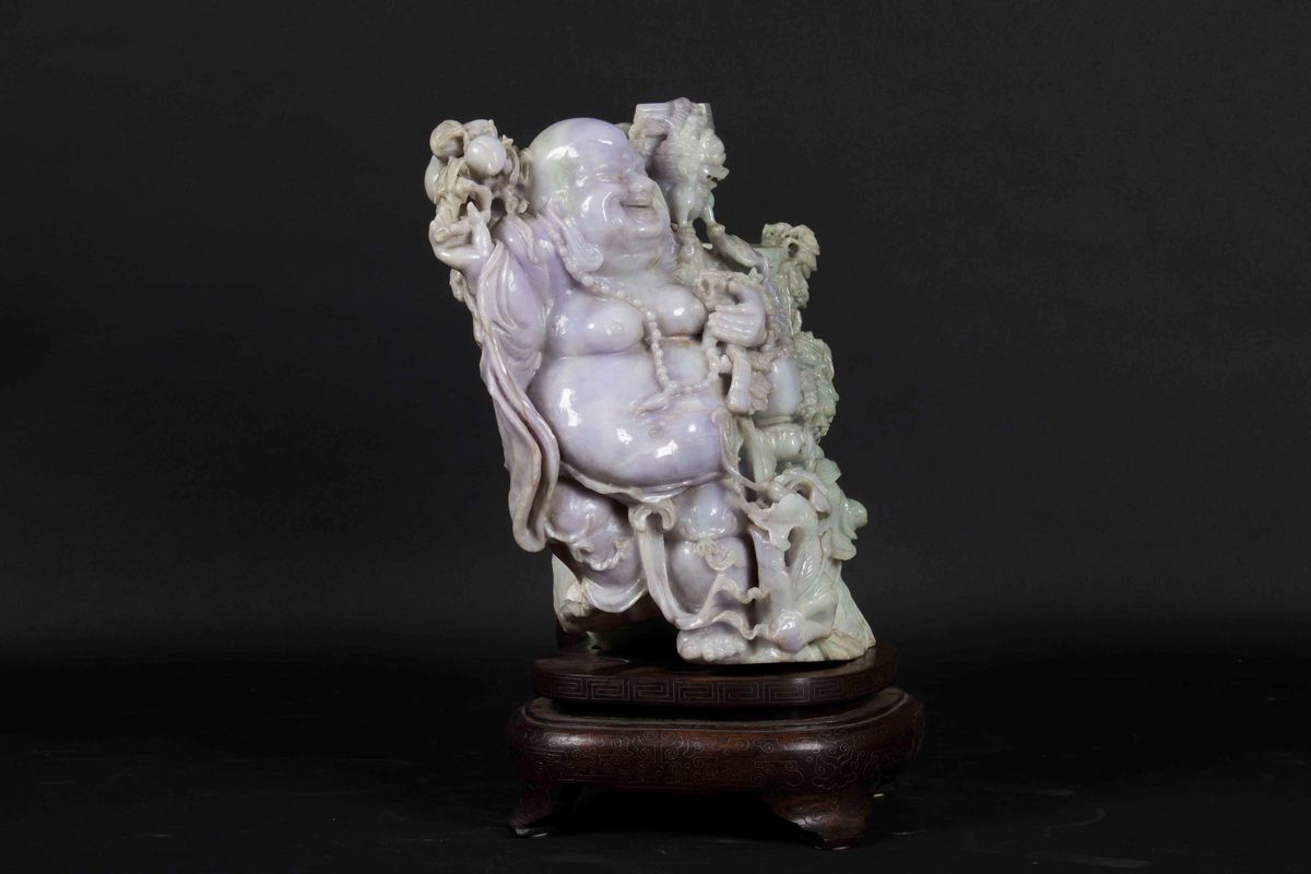 Grande Portapennelli in Giadeite con Sfumature Verde Mela e Lavanda con Budai e Canne di Bamboo, ...