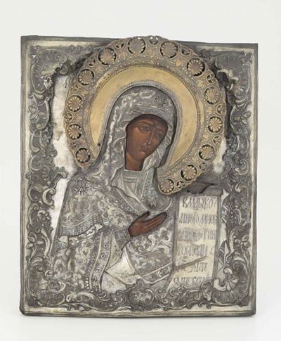 Icona con Riza in Metallo Argentato, Russia (?) XIX Secolo